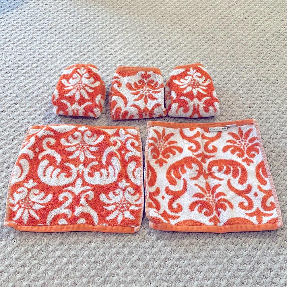 Set of (5) Garnet Hill, Orange & White, Damask, Egyptian Cotton Face Cloths
